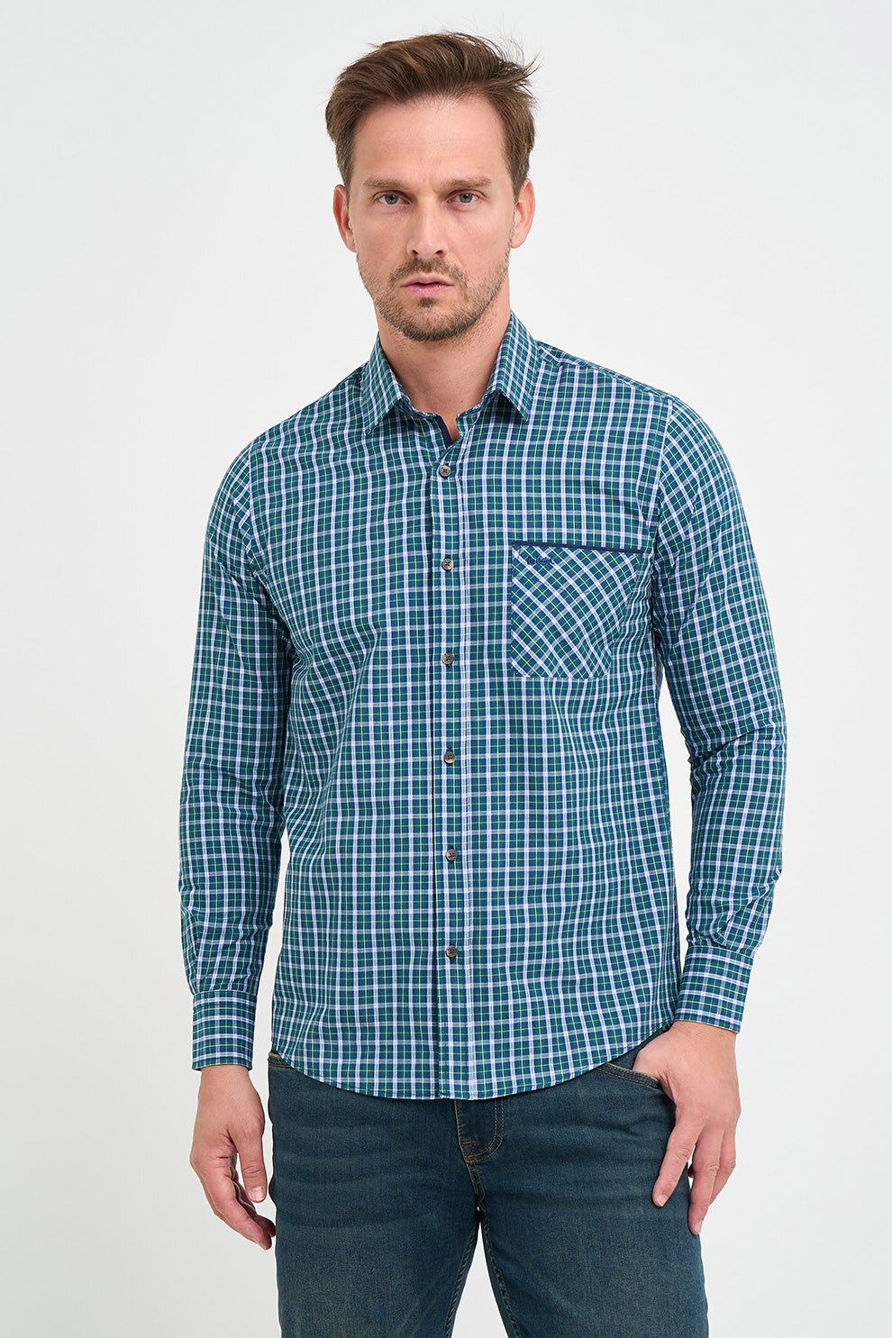 Lee Cooper, Camasa de bumbac cu mandeci lungi si model, Verde, Albastru, S