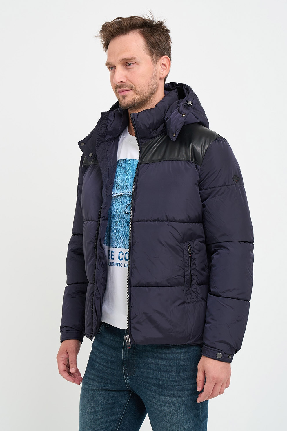 Lee Cooper, Geaca matlasata cu gluga detasabila, Bleumarin, 2XL
