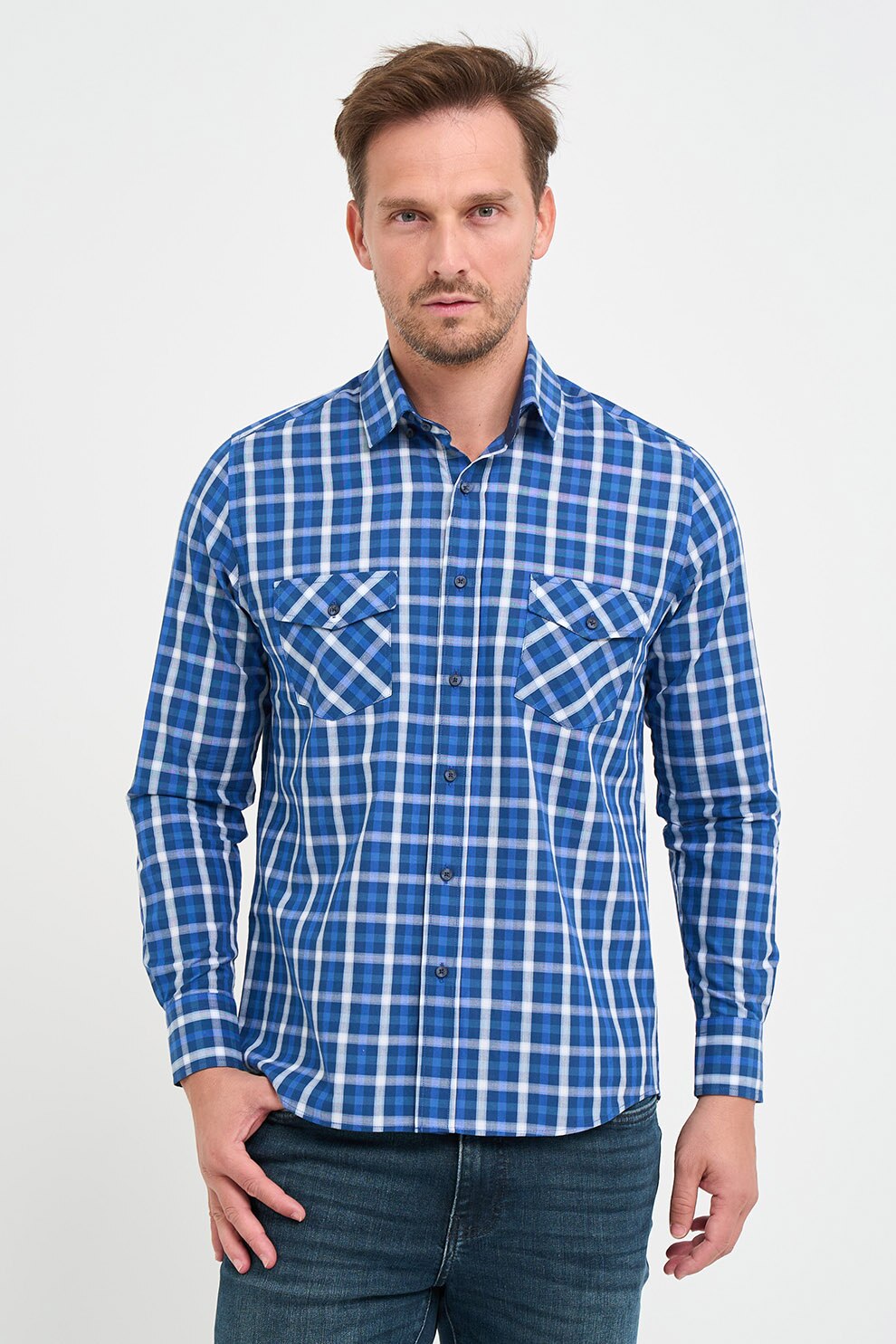 Lee Cooper, Camasa de bumbac cu model si maneci lungi, Alb, Albastru, L