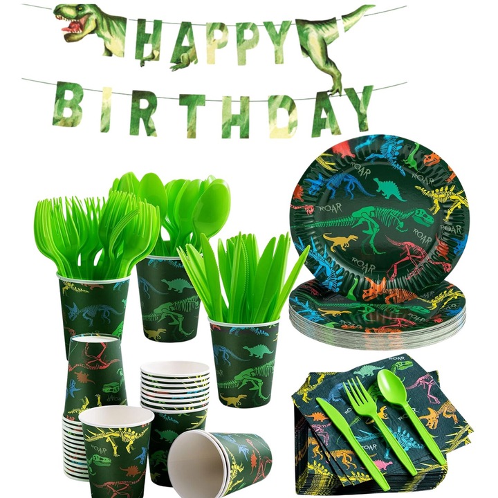 Set de accesorii petrecere aniversare, Simply Joy®, 145 Piese, Tematica Dinozauri, Banner “Happy Birthday”, Farfurii, Pahare, Servetele, Lingurite, Furculite, Cutite, Multicolor