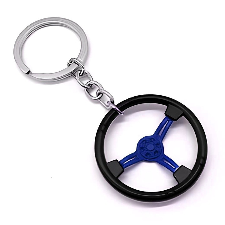 Autó kormánykerék kulcstartó, autó / motor / otthon / garázskulcsok, mozgó alkatrészek, fém, kék