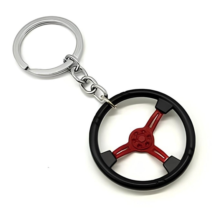 Autó kormánykerék kulcstartó, autó / motor / ház / garázs kulcsok, mozgó alkatrészek, fém, piros