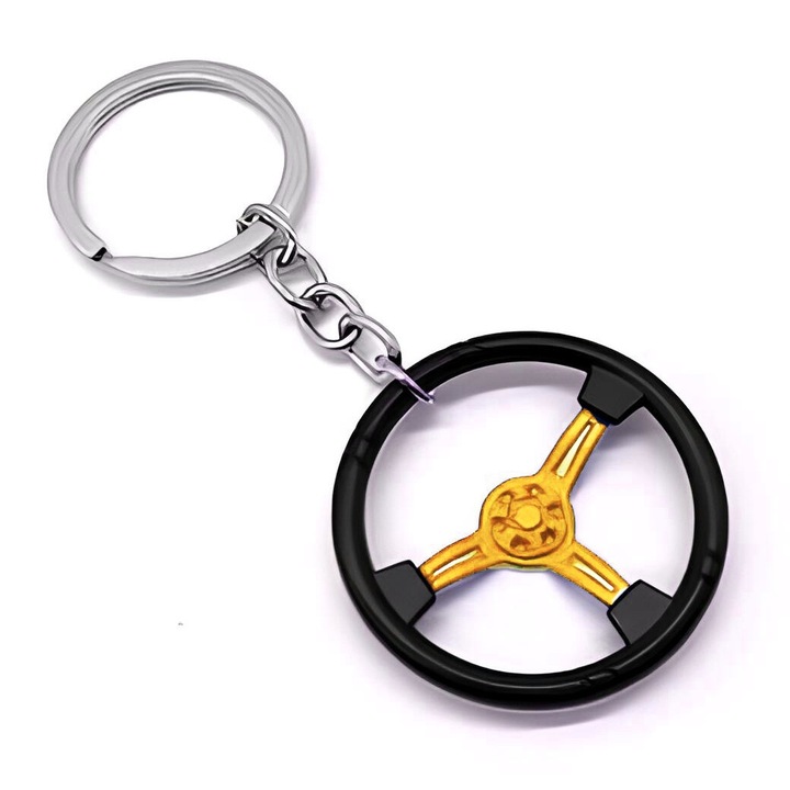 Autó kormánykerék kulcstartó, autó / motor / ház / garázs kulcsok, mozgó alkatrészek, fém, arany