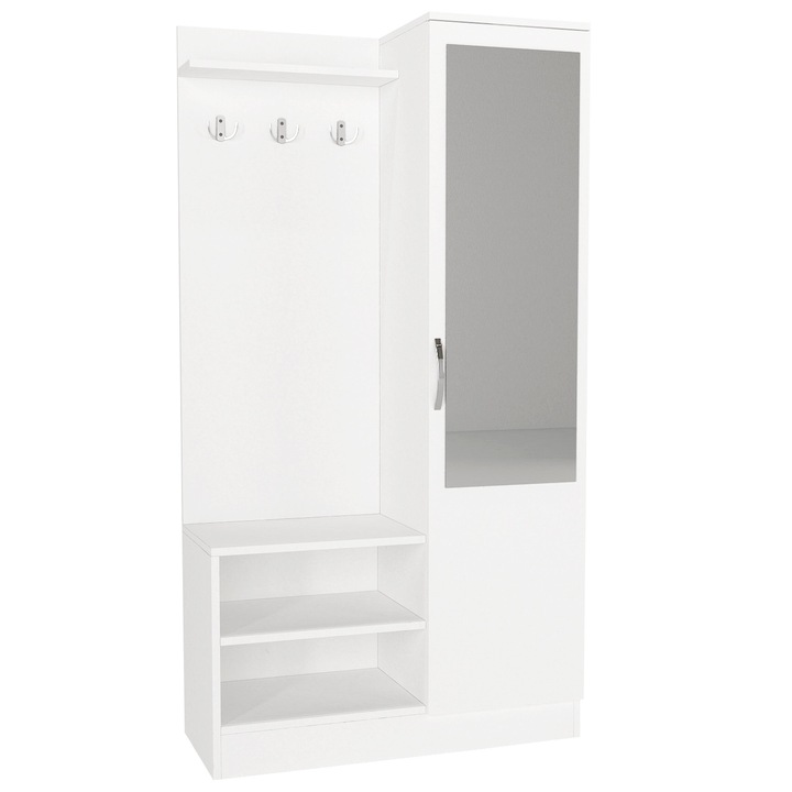 Többfunkciós akasztó tükörrel és cipőtartóval, White Harmony, UnicUtil, 90 x 36,8 x 170 cm, Fehér