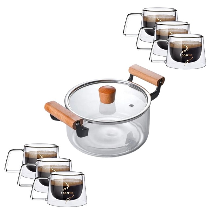 Set Oala Sticla Transparenta 2.5 l cu Manere din Lemn + 6 Cani Pereti Dubli 200ml, Termorezistente