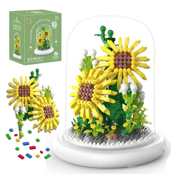 Set de constructie flori decorative, 590 blocuri mini, floare soarelui galbena