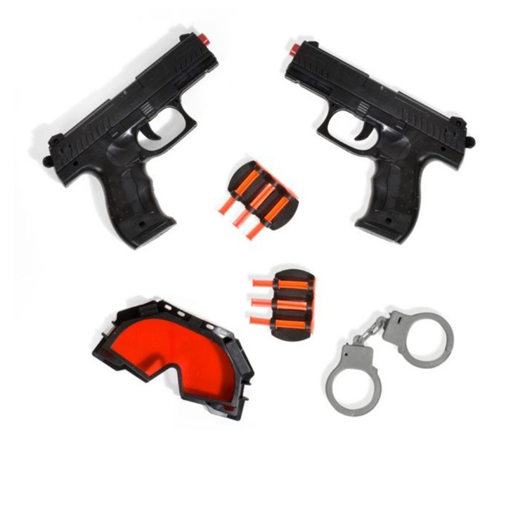 Set accesorii ofiter de politie, pistoale cu ventuze, catuze, masca, negre, ConceptSeller