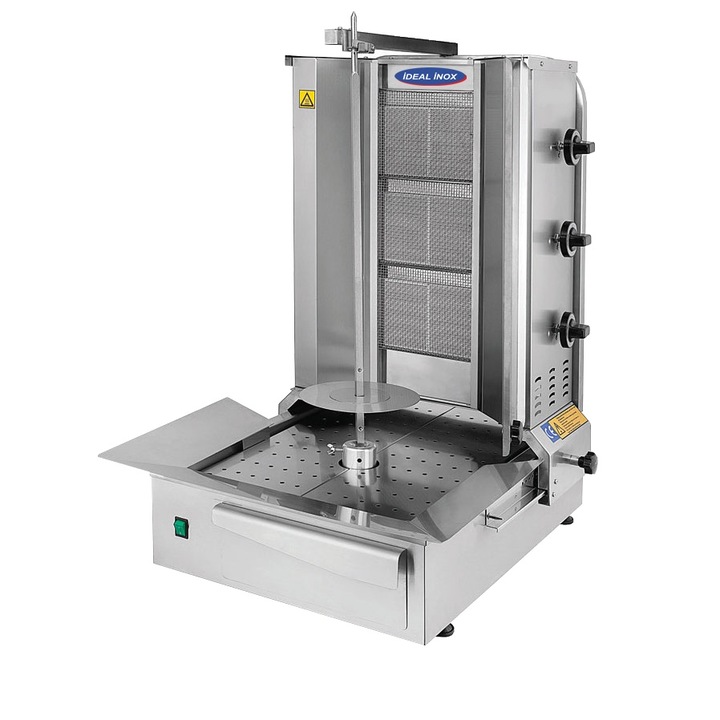 Aparat shaorma Grill kebab cu 3 arzatoare Ideal Inox Gaz Natural motor jos