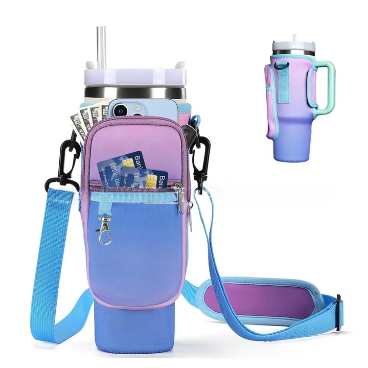 Чанта за носене на бутилка за вода, за чаша от 40/30 унции с джоб за телефон, Държач за бутилка за вода с каишка за чаши Stanley
