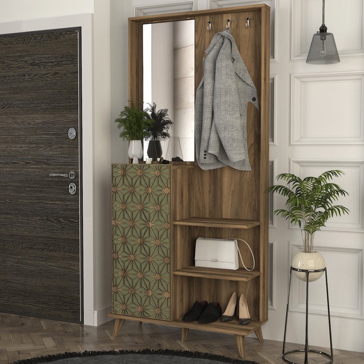 Cuier cu Oglinda si Pantofar UnicUtil® Urban Harmony, 89 x 35 x 192 cm, Pentru Hol sau Dressing, Cu Compartimente Multiple, Oglinda si Depozitare Incaltaminte, Culoare Maro