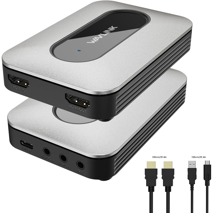 Placa de captura video 4K, HDMI, Video grabber cu loopout HDMI, mufa jack 3.5 mm Line In, Line Out, Mic In, plug & play, suport VRR, compatibil cu PC, Laptop, consola jocuri