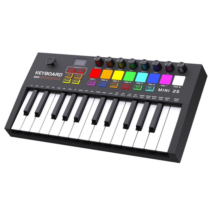 Keyboard MIDI, JESWO®, 25 clape, 2 seturi de pad-uri RGB iluminate, 34.5 x 5 cm, Negru