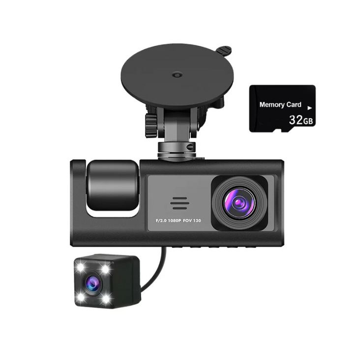 Камера за кола Тройна Full HD 1080P, включена 32GB Micro SD карта с памет, 3 камери, 24-часово наблюдение на паркинга, фронтален ъгъл на запис 170°, нощно виждане, G-сензор, двоен цикъл на запис, детекция на движение, черен