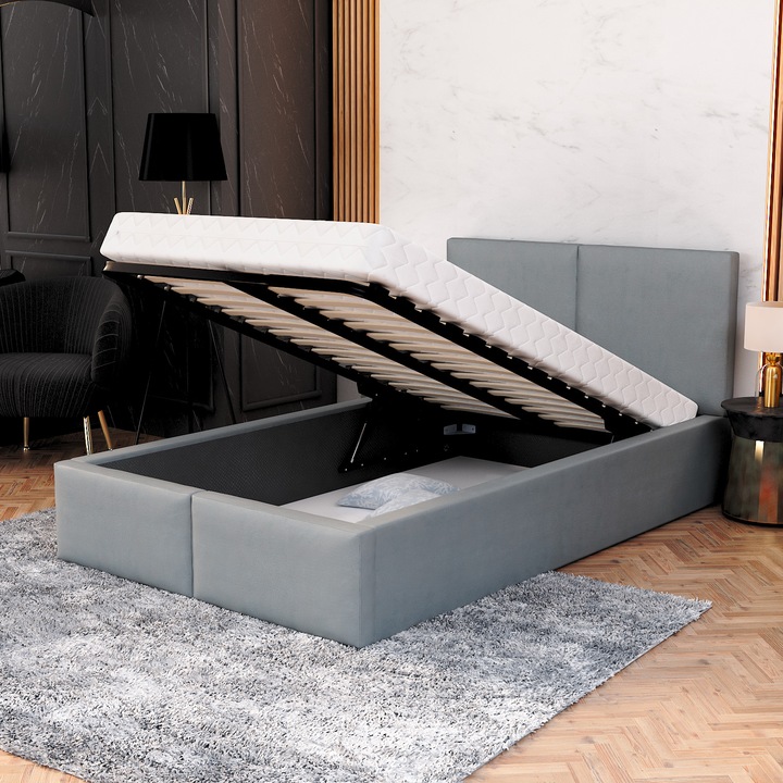 Pat tapitat cu somiera metalica rabatabila, Spijzdrowo, AMBER M, 120x200 cm, culoare gri, fara saltea