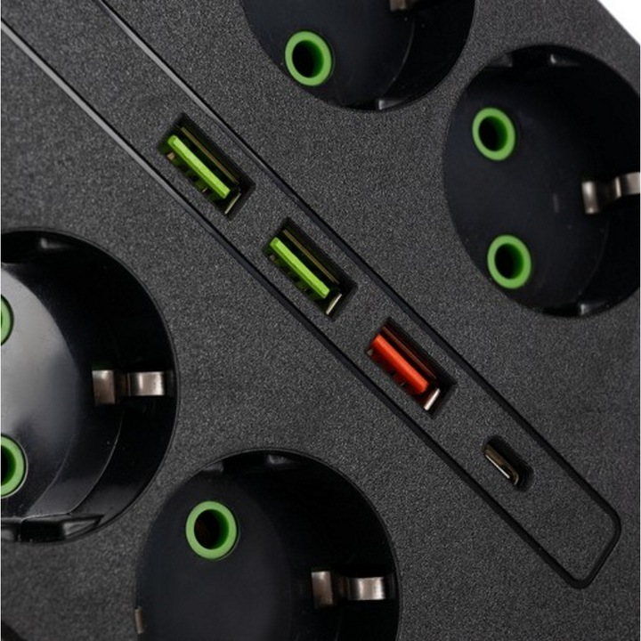 idealSTORE удължителен кабел с 8 гнезда, 3 USB порта и USB-C порт, максимално натоварване 10 A, дължина на кабела 2 м, превключвател за включване и изключване, защита IP20, защита за деца, бързо зареждане