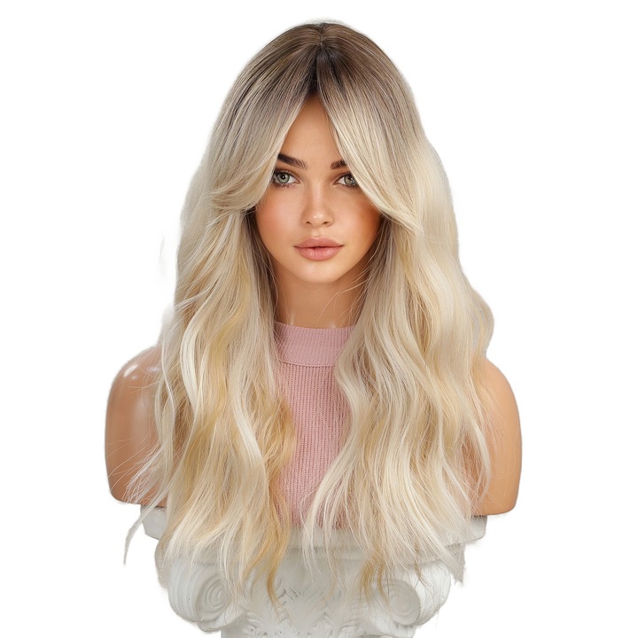 HESU, Peruca lunga ondulata, blonda mixta cu radacini inchise, 60cm