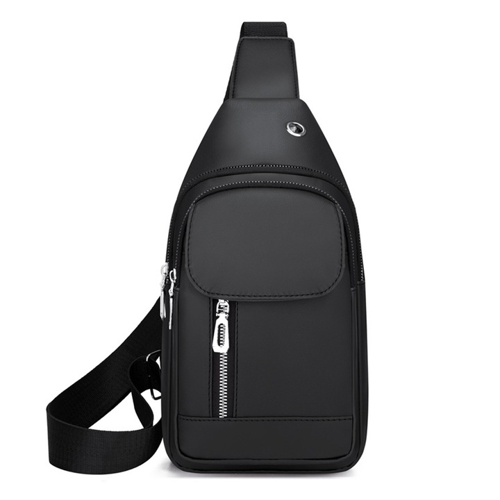 Jormftte férfi PU bőr táska, mellkasi táska szett, fekete, 30x16x5cm