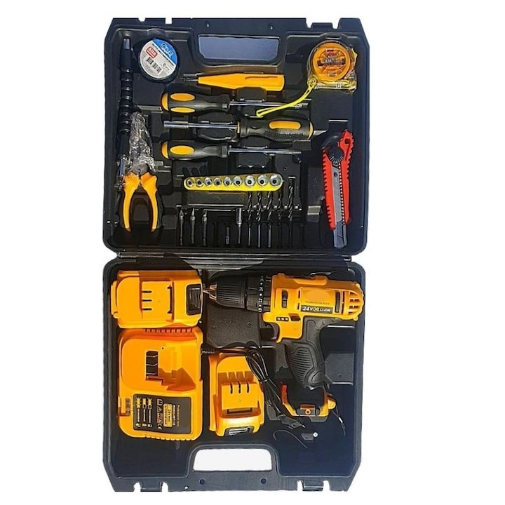 Set bormasina cu percutie si trusa de scule cu 30 de piese, cu 2 acumulatori inclusi, putere 750 W, statie de incarcare, din metal si plastic, negru/galben