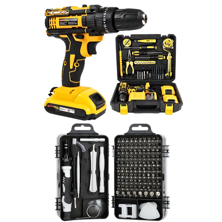 Ütvefúró készlet 30 tartozékot tartalmazó dobozzal és APF® professzionális csavarhúzó készlettel – komplett készlet minden munkához