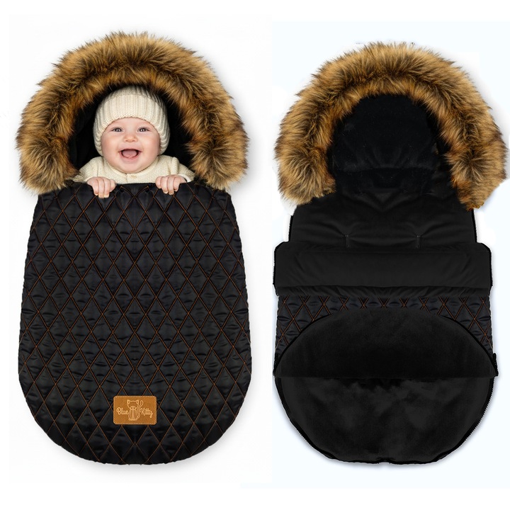 Sac de iarna pentru carucior, sac de dormit, Husa picioare, universala, cu blanita detasabila, 90x48 cm, Negru matlasat II