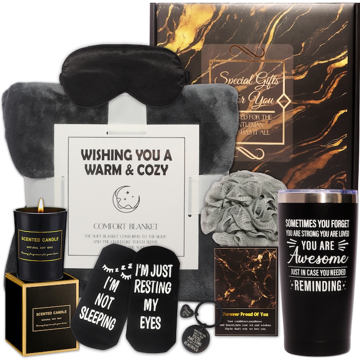 Set cadou pentru barbati, 8 Produse premium, Patura pufoasa, Cana termos din inox, Lumanare parfumata, Masca de somn, Sosete haioase, Burete baie, Breloc, Felicitare, Ambalate in cutie pachet eleganta, Ideal pentru el, domni, tata, sot