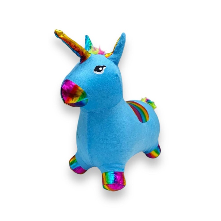 Felfújható egyszarvú gumiból és textil anyagból, fénnyel és zenével, kék