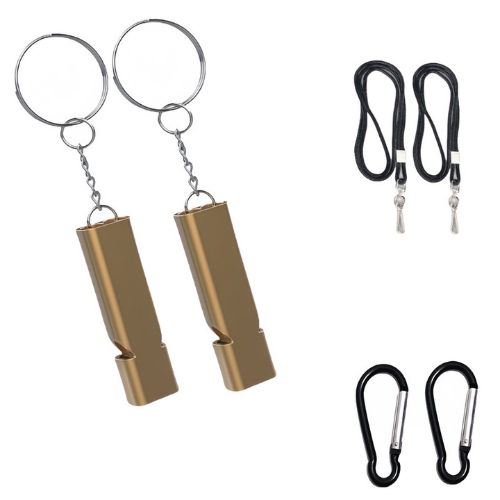 Set 2 Semnale de Urgenta cu Brelocuri Snur si Carabine, Tuburi Duble, Aurii, 5.6x1.5x0.8cm