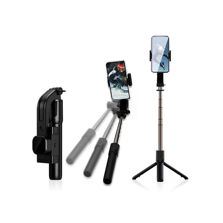 Gimbal Selfie Stick с дистанционно управление и LED светлина, режим на заспиване, 76 см, SOL Extend A29, ABS и силикон, черен