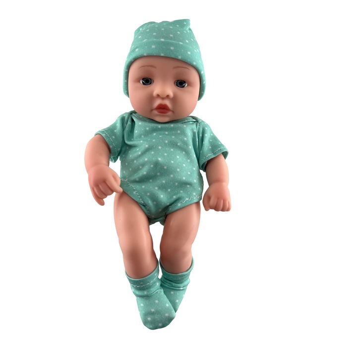 Papusa mini bebelus Mixbo, baietel, corp mobil, 20 cm, verde cu buline