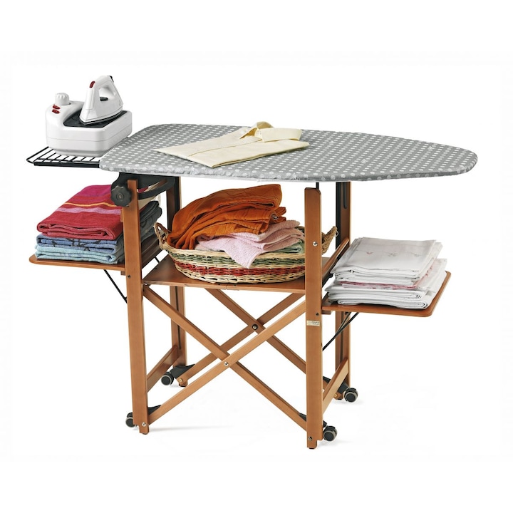 Vasalóasztal polccal Arredamenti Italia, Bravo, 115x54 cm, állítható magasságú, összecsukható, bükkfa szerkezet, kihúzható polc ruhákhoz, eltolható vastartó, hőálló pamut anyag, kerekek a könnyű szállításért, cseresznyefa