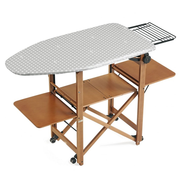 Дъска за гладене с рафт Arredamenti Italia Bravo, 115x54 см, Регулируема височина, Сгъваема, Структура от бук, Разтегателен рафт за дрехи, Плъзгаща се опора за ютия, Топлоустойчив памучен материал, Колела за лесно транспортиране, Черешово дърво