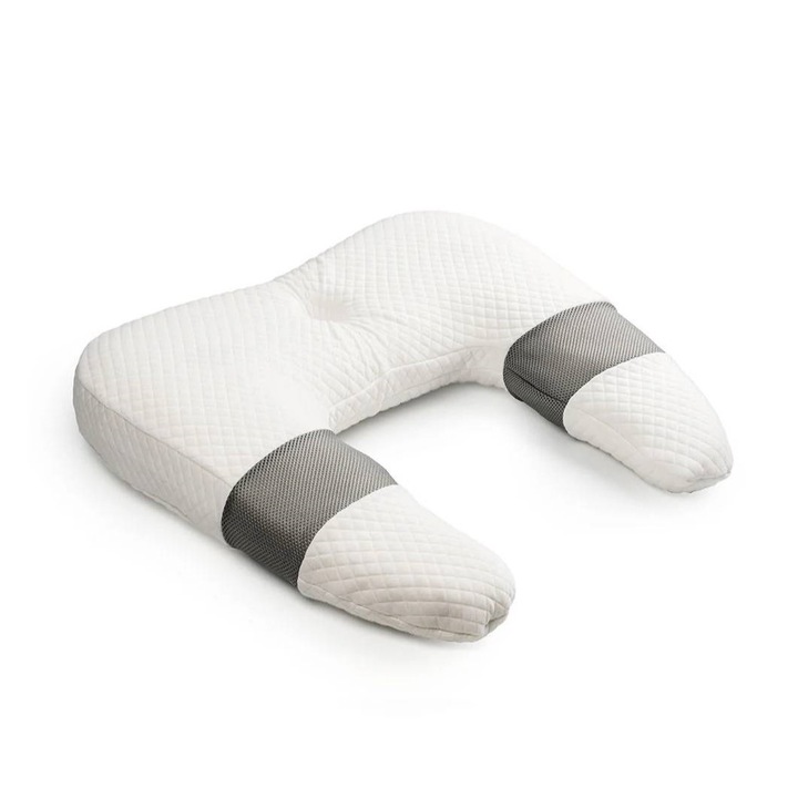 Perna ergonomica multifunctionala in forma de U, din spuma cu memorie, pentru dormit lateral sau pe spate, husa lavabila, alb/gri, 61 x 63 x 13 cm
