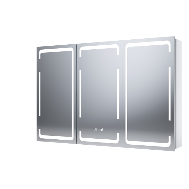 Dulap cu oglinda din metal cu 3 usi, Cu iluminare LED in 3 culori, intrerupatoare duble tactile, Balamale fara fir, 90x60x14 cm