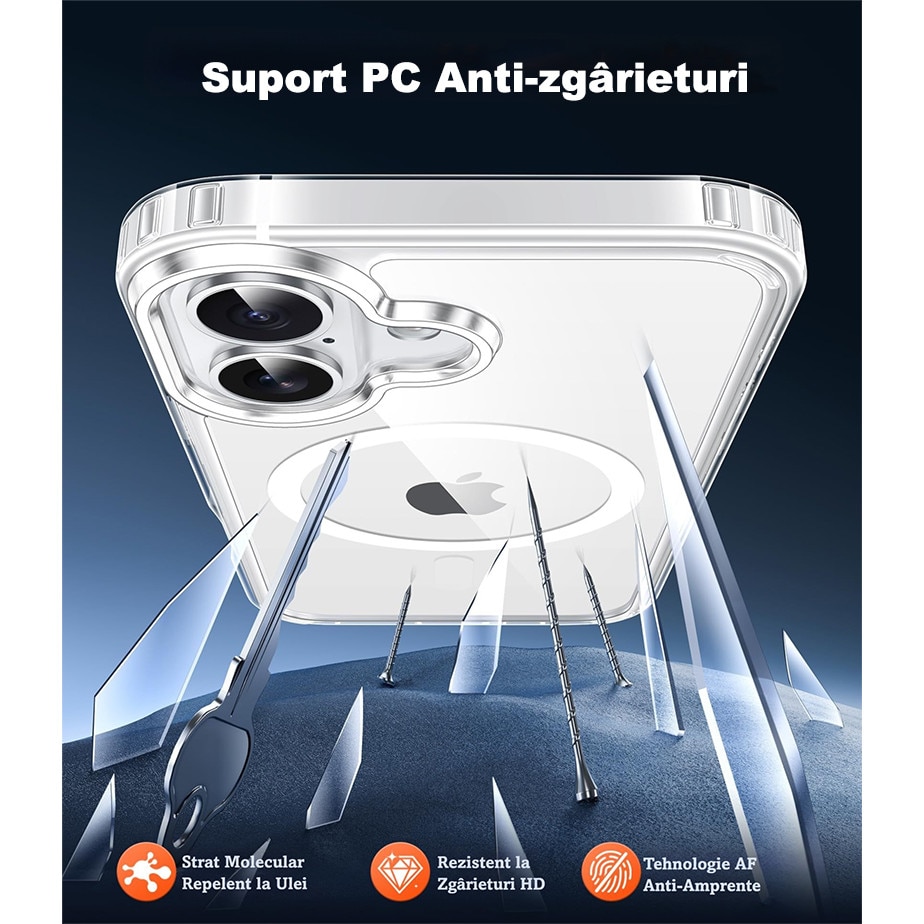 Husa de Protectie, MagSafe, MOGU®, Compatibil iPhone 16, impermeabil, Antizgarieturi, Anticadere, Anti-coliziune pe patru laturi si absorbtie a socurilor, Grosime 1, 5 mm, transparent