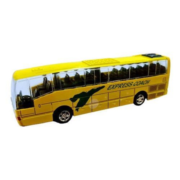Fémes autó, expressz turistabusz hangokkal és fényekkel, visszahúzás, 1:70, sárga