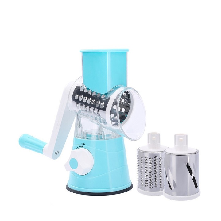 Razatoare rotativa 3 in 1, cu 3 lame interschimbabile, pentru branza si legume, baza cu ventuza, usor de curatat