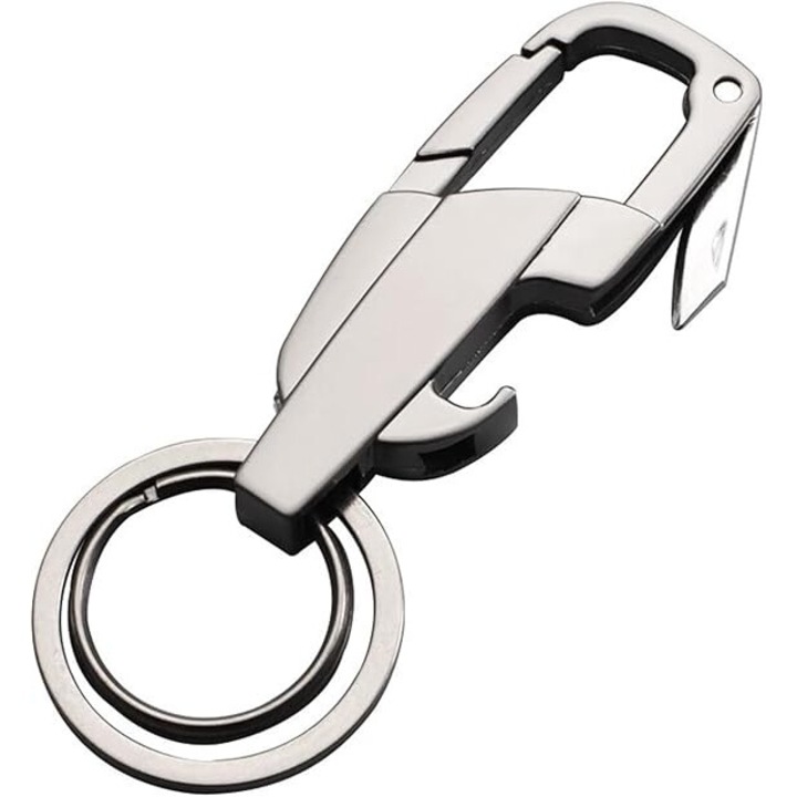 Kulcstartó sörnyitóval, QHYKKYJ, 3 az 1-ben, cink ötvözet, tartós, ezüst