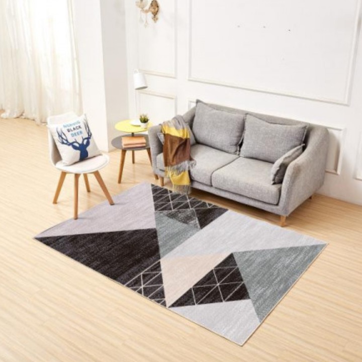 Килим JOZY, с 3D абстрактен принт, дигитален, 160x220 см, елегантен и изискан дизайн, неплъзгащ се, бежово/сив