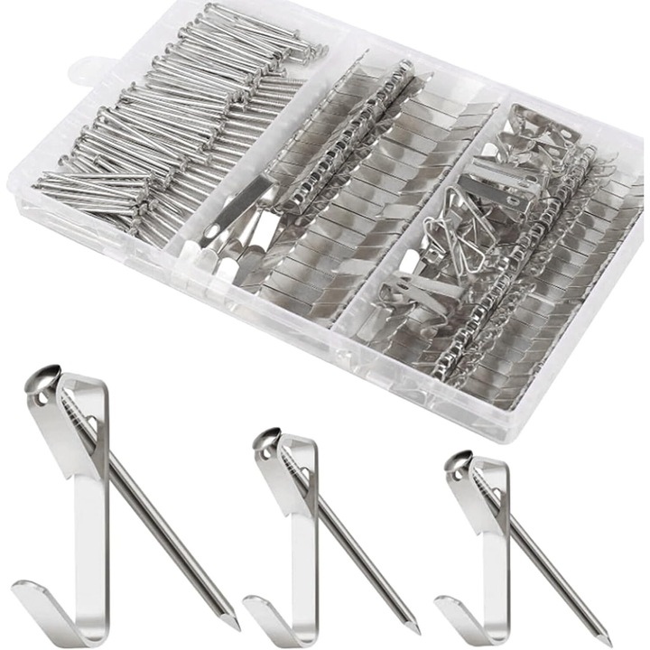 Set 184 carlige pentru agatat poze pe perete, QHYKKYJ, argintiu, metal