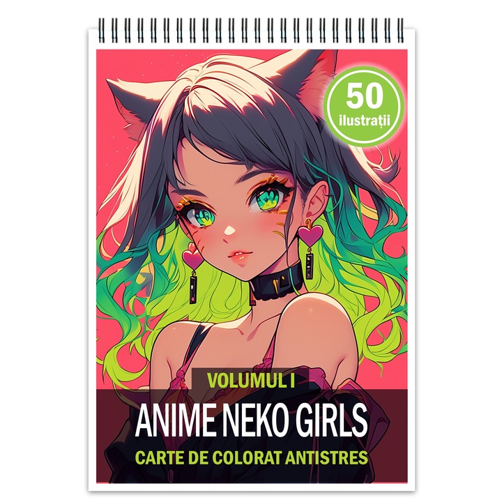 Carte de colorat pentru relaxare si antistres, 50 de ilustratii Anime Neko Girls, Editura Legendary Print, 106 paginii