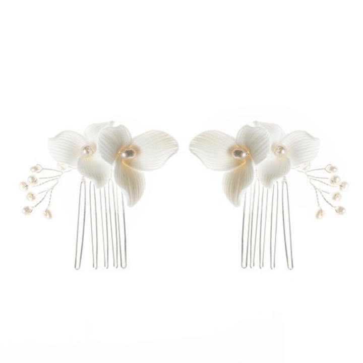 Bijuterii de par AVIEL, flori albe, Argint