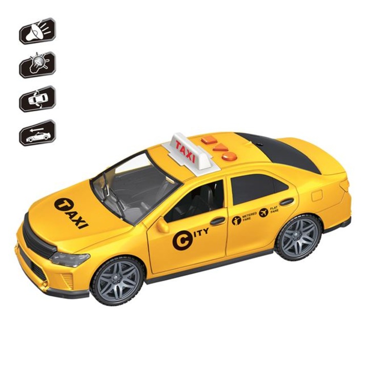 Vehicul jucarie Antbro® taxi de culoare galbena cu lumini, sunete, usi care se deschid si un semn luminos TAXI