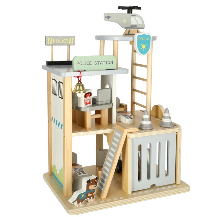 Pista din Lemn Natural neted lustruit, Sectie de Politie Interactiva cu 2 Nivele, Parcare cu Helicopter, echipata cu o varietate de mobilier, vopsele non-toxice, 30 cm x 22 cm x 36 cm, Multicolor