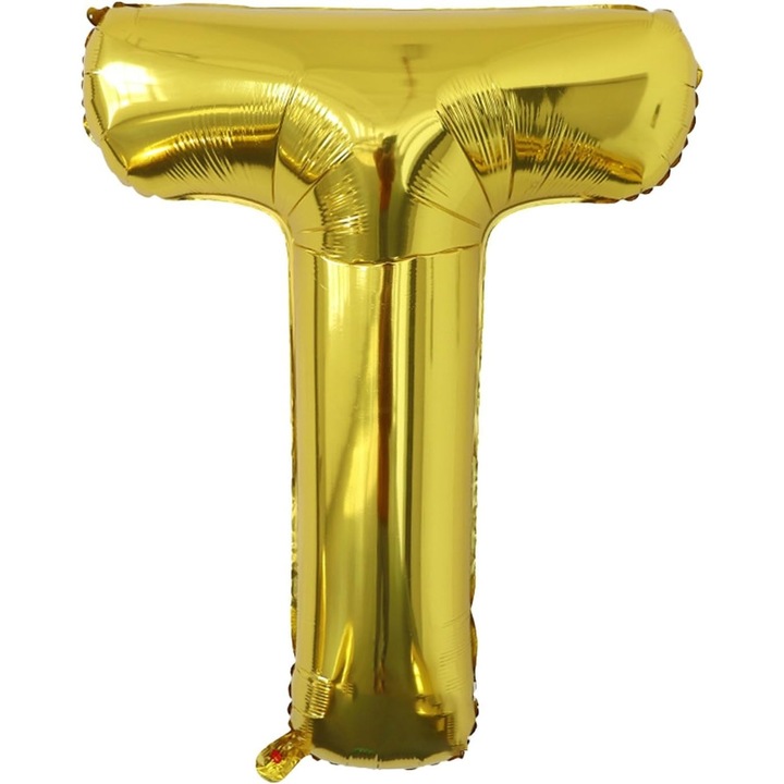 Arany színű T betűs fólia lufi, 40 cm, héliummal vagy levegővel fújható, egyedi csomagolás, szívószál mellékelve