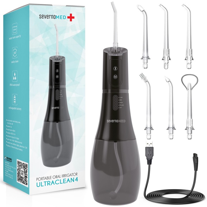 Vezeték nélküli fogászati és szájöblítő ULTRACLEAN 4, fekete + 6 kézidarab