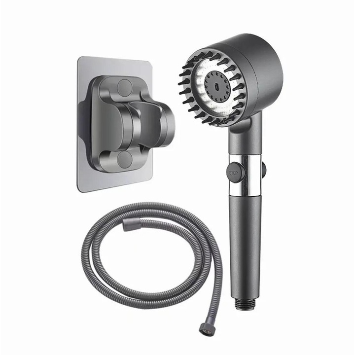 Cap de Dus cu 3 Moduri de Pulverizare, Filtru de Purificare a Apei, Suport si Furtun Antiexplozie de 1.5 m, Culoare Gri Clasic, Experienta SPA, Ergonomic si Durabil