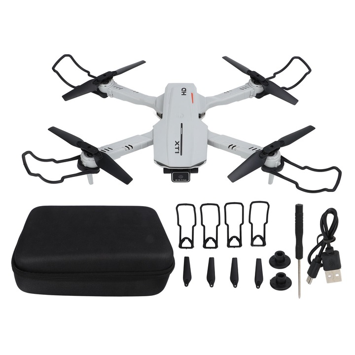 Drón 4K HD kamerával, Longziminggel, WiFi funkcióval, stabil repülési móddal, szürke színnel, kompakt méretekkel