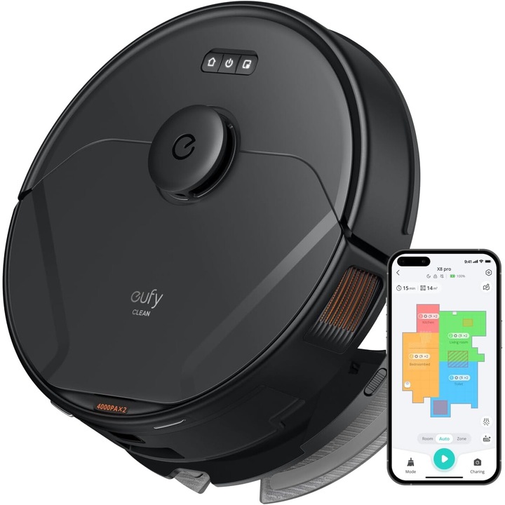 Прахосмукачка робот eufy от Anker, RoboVac X8 Pro, 8000 Pa, iPath Laser Navigation, Wi-Fi, AI.Map 2.0, Twin-Turbine Technology, Черен