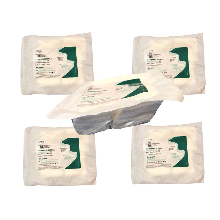 Комплект от 500 бр., стерилни компреси DR. Mayer, 8 слоя, 5 x 5 cm, за дезинфекция и защита на инфектирани рани