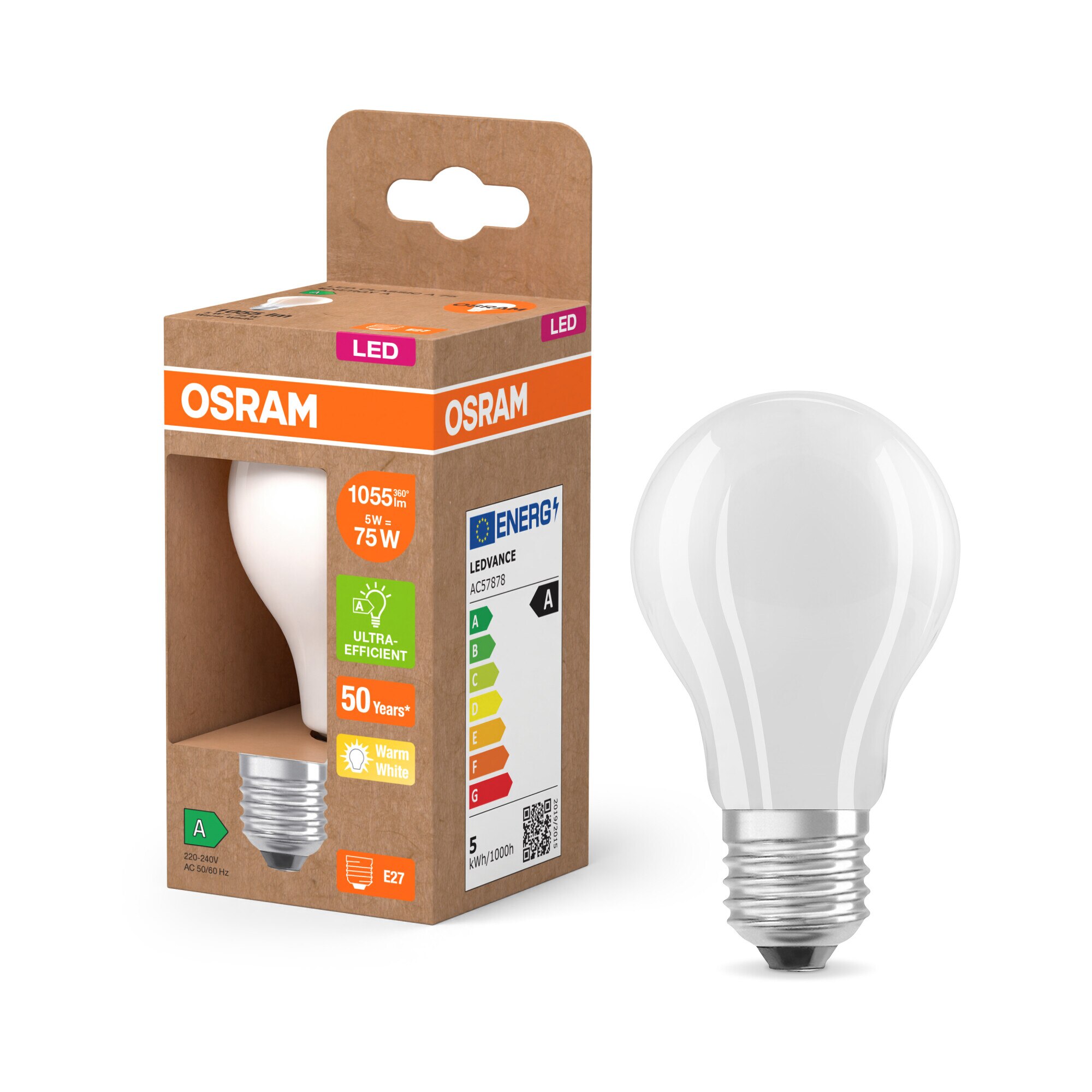 Bec LED filament OSRAM A75, E27, 5W (75W), 1055 lm, lumina calda (2700K), clasa energetica A